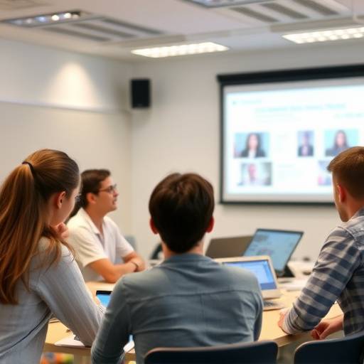 Estudantes de inglês em uma sala de aula virtual, discutindo um tópico complexo.