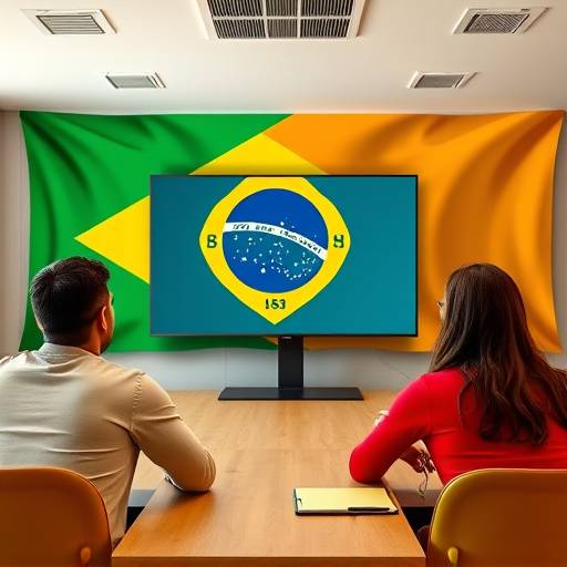 Estudantes estrangeiros aprendendo português em uma sala de aula virtual, com a bandeira do Brasil ao fundo.